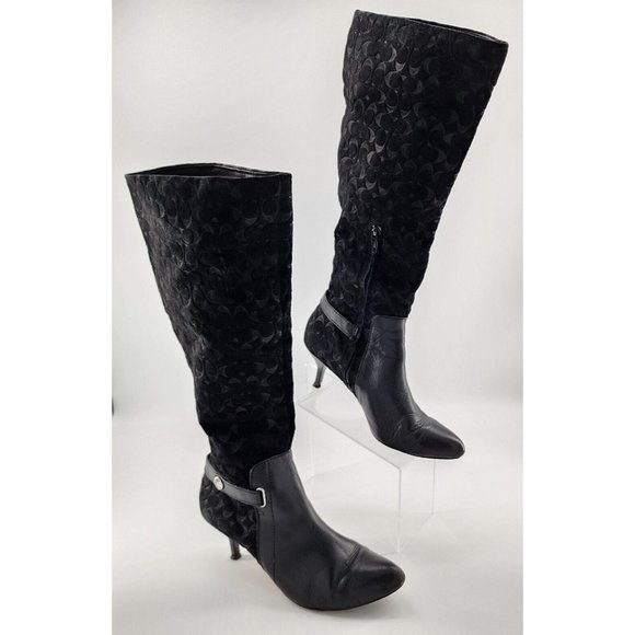 Coach Women's Fara Tall Boots Black Leather Suede Classic Logo Monogram Sz 7.5B - Picture 1 of 16